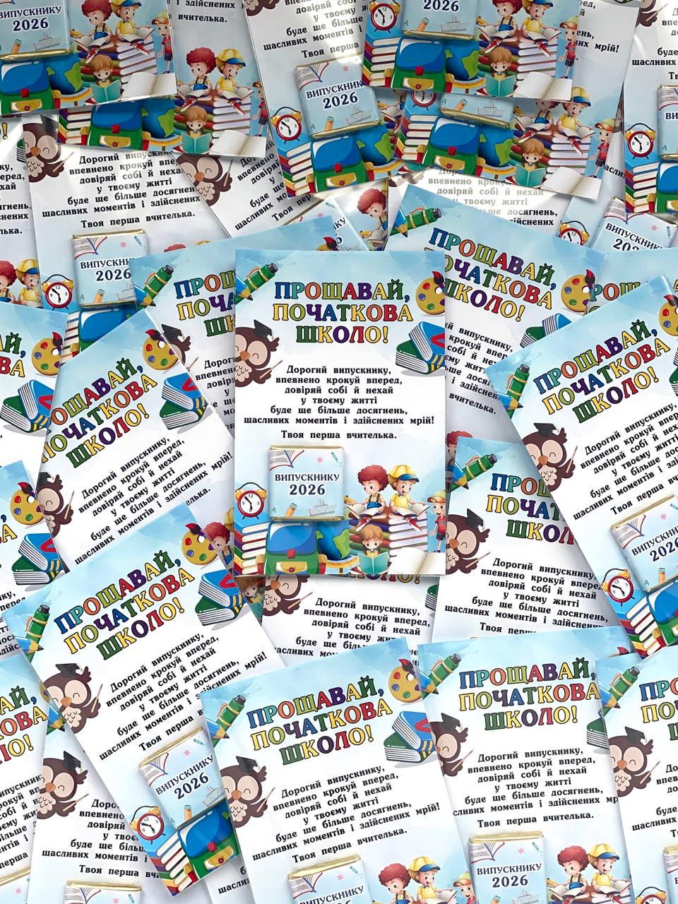 Сувенір-картка з шоколадом на випускний 2026: Прощавай початкова школо! Сувенір-картка з шоколадом на випускний 2026: Прощавай початкова школо!