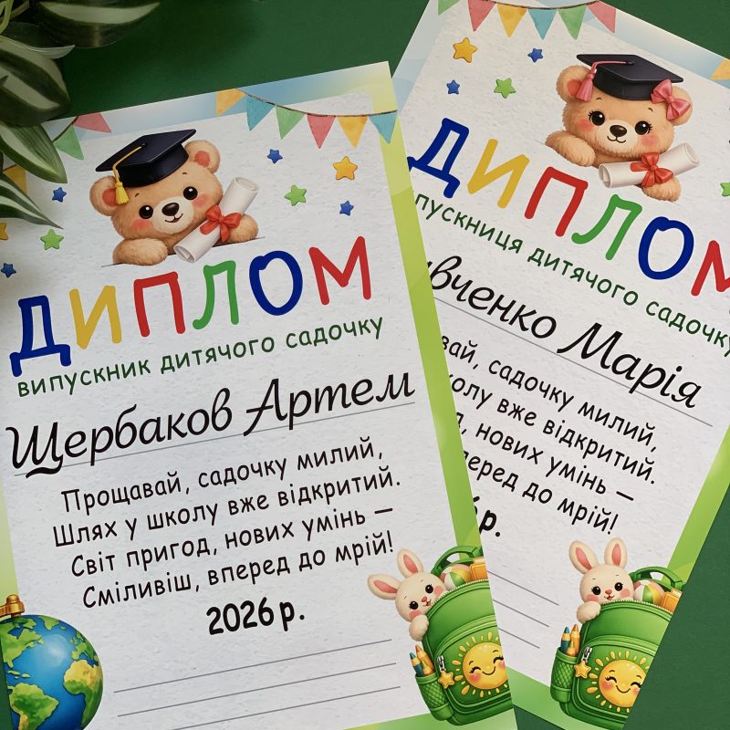 Іменний диплом випускника дитячого садочка — Випуск 2026 (персоналізація під групу, формат А4) Іменний диплом випускника дитячого садочка — Випуск 2026 (персоналізація під групу, формат А4)