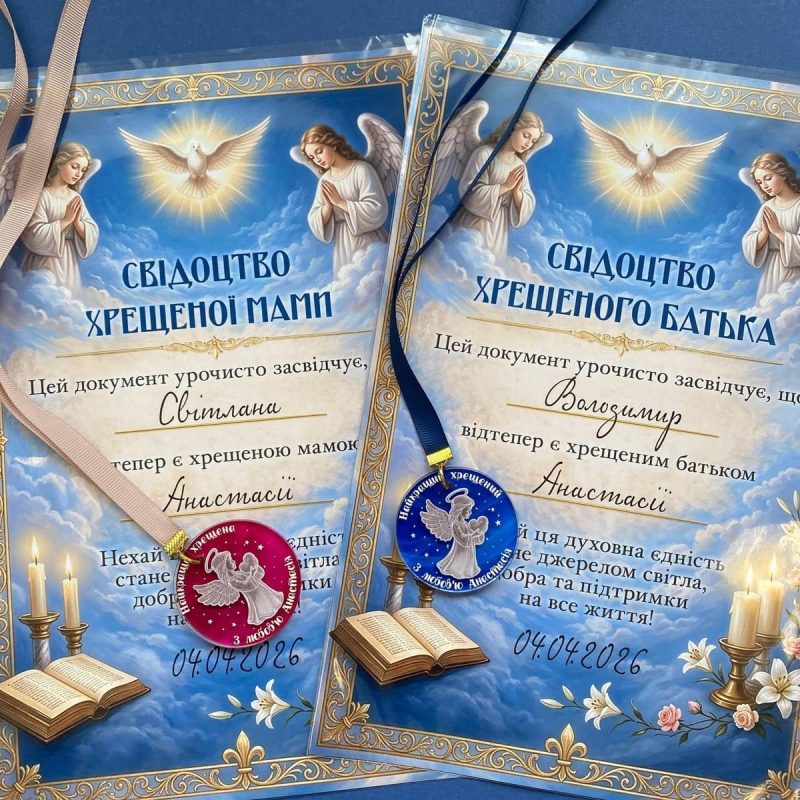 Іменний набір на хрестини: Свідоцтво хрещених батьків + Медаль (індивідуальний напис) Іменний набір на хрестини: Свідоцтво хрещених батьків + Медаль (індивідуальний напис)
